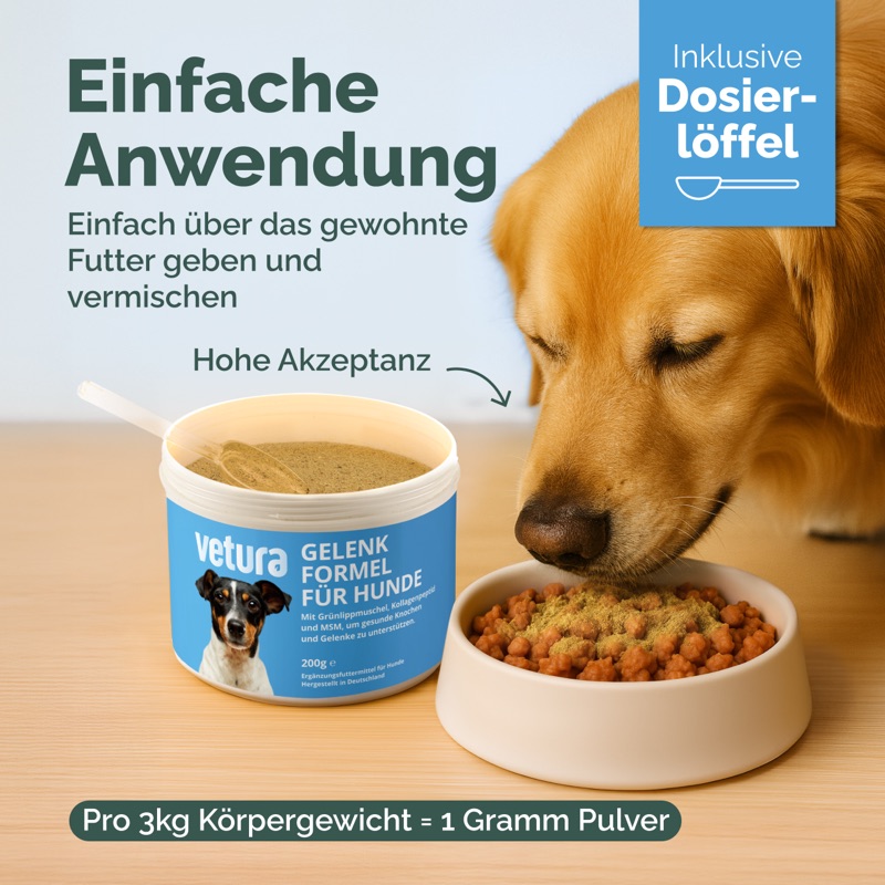 Einfache Anwendung: Pulver über das gewohnte Futter geben, inklusive Dosierlöffel