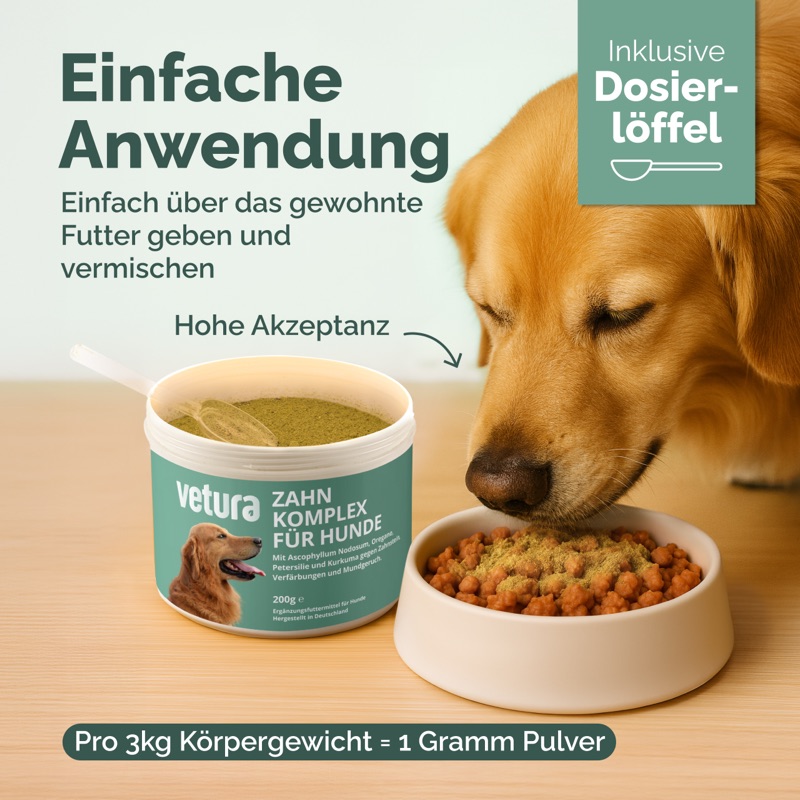 Einfache Anwendung: Zahn-Komplex einfach über das gewohnte Futter geben, inklusive Dosierlöffel